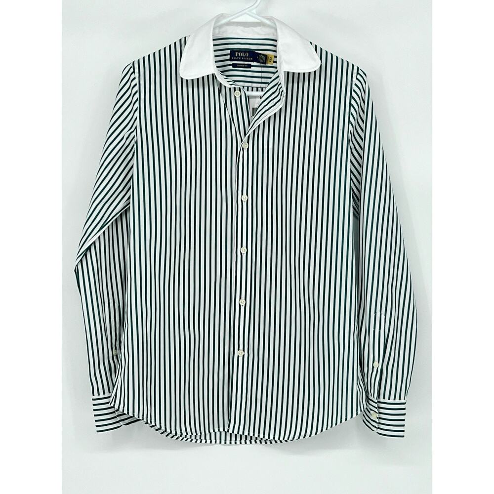 POLO RALPH LAUREN WOMENS BUTTON SHIRT -6- WHITE GREEN -CUSTOM FIT -DRESS RETRO